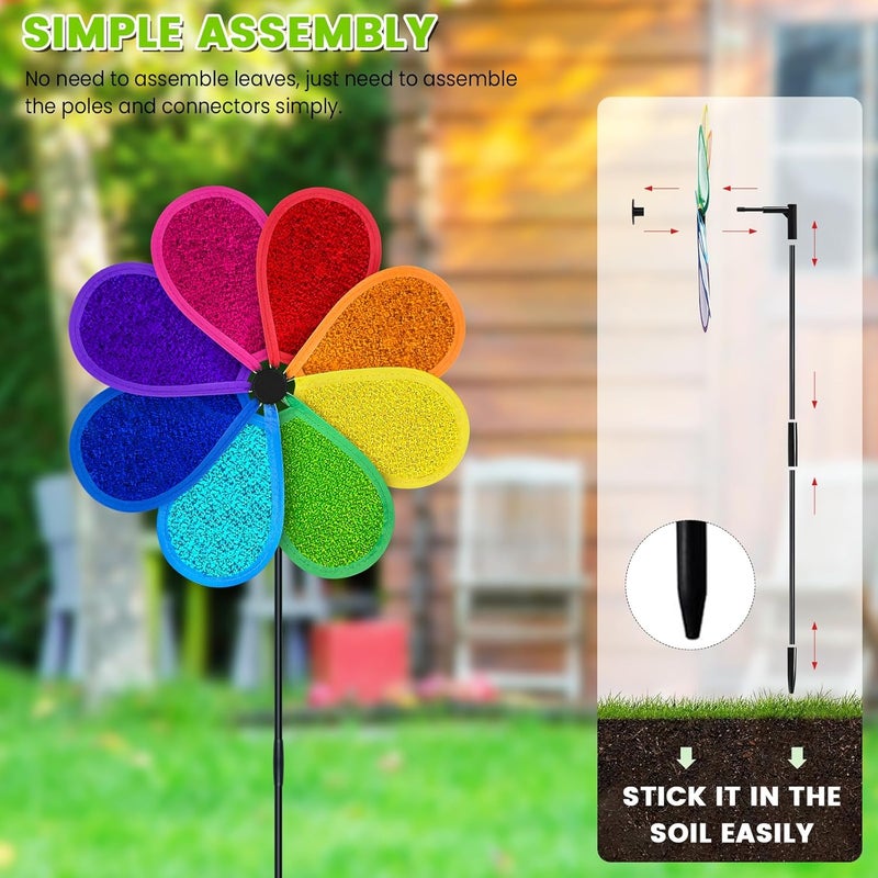 DECEED 4 PCS 11.4" W x 28" H Reflective Pinwheels Sparkly Lawn Wind Spinners Colorful Rainbow Windmill for Garden Decoration Bird Devices Deterrent to Scare Birds Away（Multicolor） - Image 4